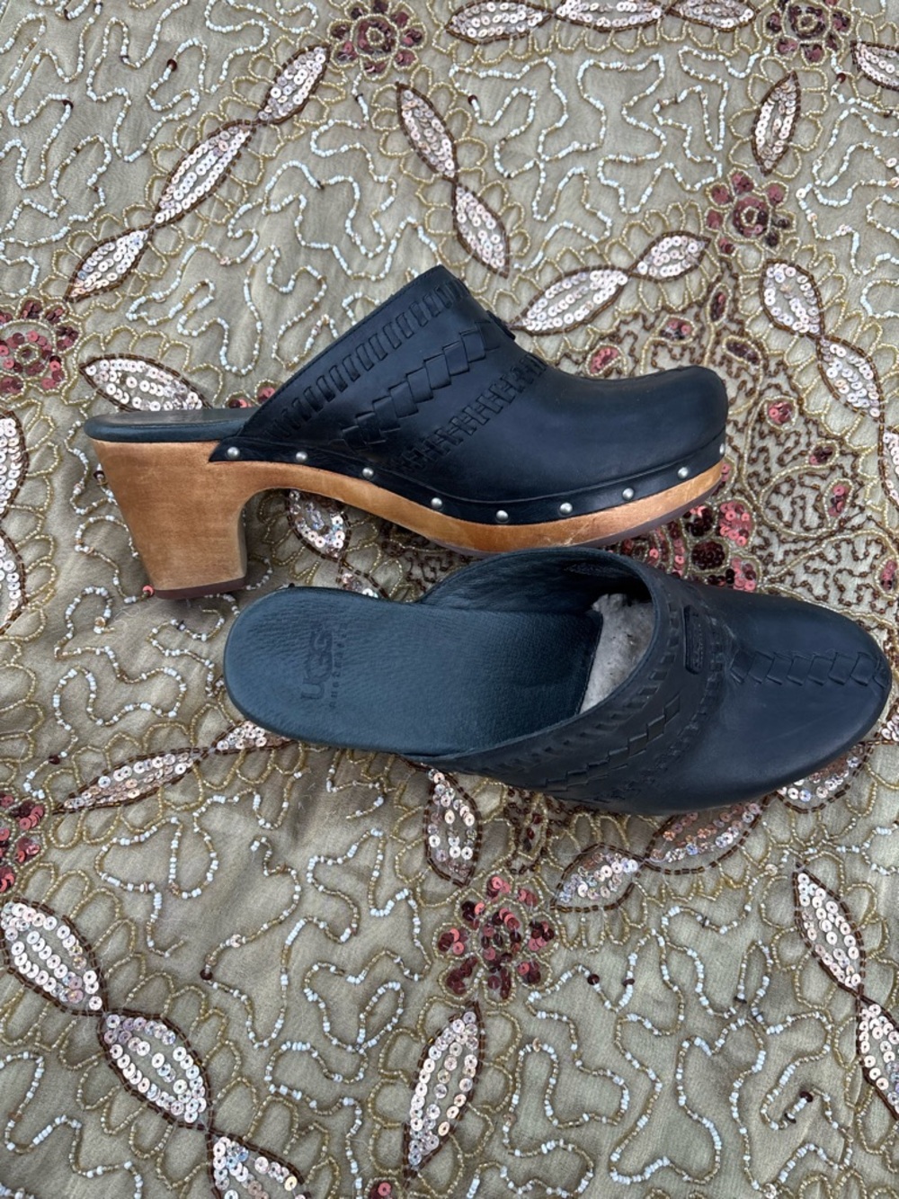 UGG Black Leather Clog Mules with Wood-Tone Heel